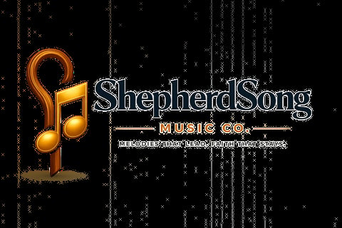 ShepherdSong Music Co. logo with golden musical notes on a dark background and digital pattern