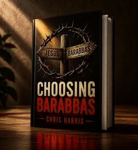 Book cover for Choosing Barabbas by Chris Harris featuring a thorn crown and cross with Jesus and Barabbas text